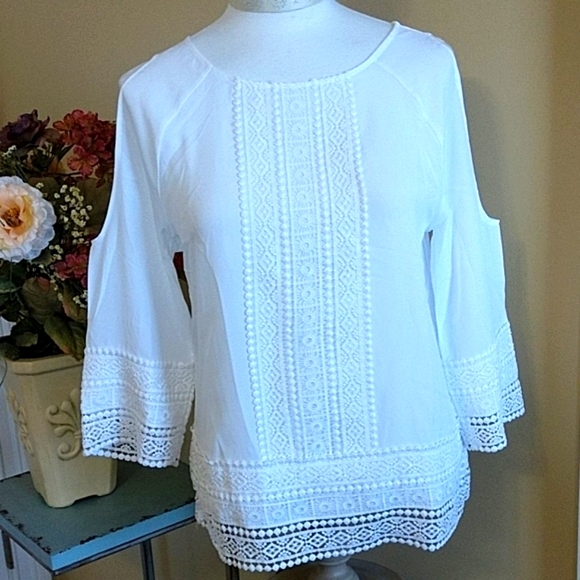 NEW Worthington White Top Blouse Pullover Cold Shoulder 3/4 Slve Crochet Lace Sm - Picture 4 of 8